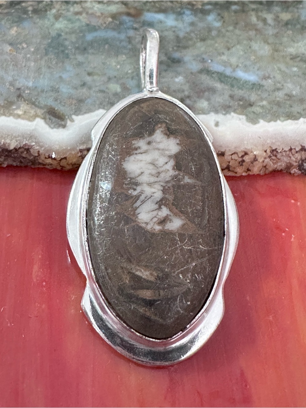 Artisan Handcrafted Jewelry Silver Leaf Jasper Gemstone Oval Pendant Earth Tones